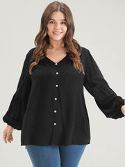 Solid Button Lantern Sleeve Polka Dot Blouse