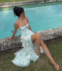 Lilyana Floral Chiffon Strapless Ruffle A-Line Dress