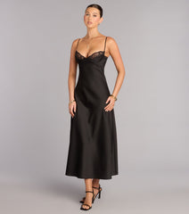 Whispered Elegance Lace Trim Satin Midi Dress