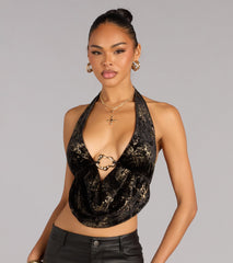Soft Shine Foiled Velvet Halter Crop Top