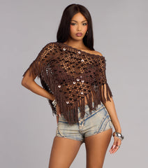 Bare Minimum Drama Sequin Crochet Fringe Poncho