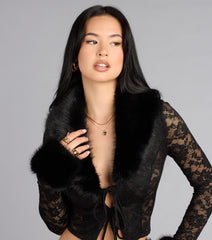 Chic Mood Removable Faux Fur Lace Tie-Front Top
