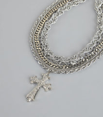 Stacked Up Layered Chain Cross Charm Necklace