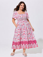 Floral Print Square Shirred Bodice Maxi Dress