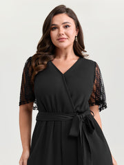 Textured Sheer Sleeve Stretchy Waist Tie Jumpsuit
