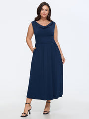 Stretchy Cowl Neckline Cut-Out Back Midi Dress