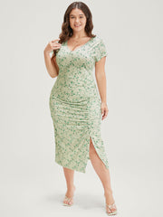 Floral Printed Split Hem Cap Sleeve Ruched Dress