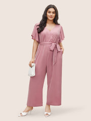 Anti-Wrinkle Plain Belted Flutter Sleeve Zipper Jumpsuit