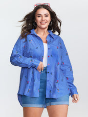 Cotton Floral Embroidered Striped Button-Down Shirt