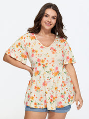Stretchy Floral Print V-Neck Knit Top