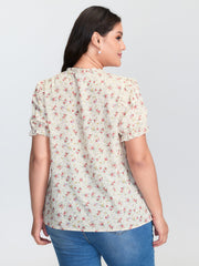 Floral Print Shirred Cuff Sleeve Contrast Blouse