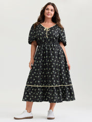 Floral Print Neck Tie Contrast Midi Dress