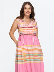 Colorful Striped Print Drawstring Neckline Maxi Dress