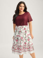 Floral Lace Stretchy Waist Contrast Midi Dress
