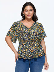 Floral Print Cinched-Waist Blouse