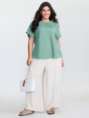 Textured Ruffled Sleeve Detail Plain T-Shirt