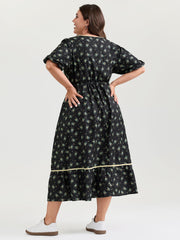 Floral Print Neck Tie Contrast Midi Dress