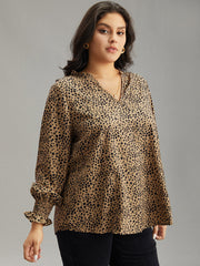 Leopard Shirred Notched Lantern Sleeve Blouse