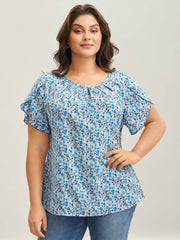 Floral Print Petal Sleeve Pleated Neck Blouse