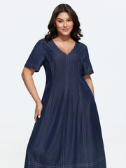 Supersoft Cinched-Waist Pockets Seamed Faux Denim Midi Dress