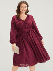 Floral Pocket Lantern Sleeve Belted Surplice Neck Dress