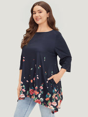 Floral Print Crew Neck Asymmetrical Hem T-shirt