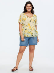 Floral Print Neck Cut-Out Blouse