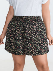 Micro Floral Print Shirred Waist Shorts
