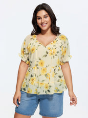 Floral Print Neck Cut-Out Blouse