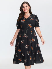 Retro Floral Print Cinched-Waist Midi Dress