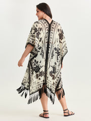 Floral Print Tassel Hem Open-Front Kimono