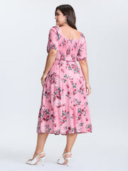 Rose Print Stretchy Waist Shirred Midi Dress