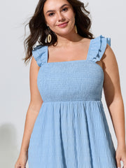 Shirred Bodice Ruffled Straps Flowy Midi Dress