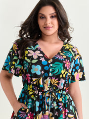 Bright Floral Print Flared Sleeve Midi Dress