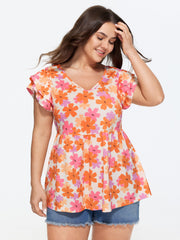 Stretchy Floral Print Ruffled Sleeve Knit Top