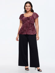 Floral Print Mesh Ruched Knit Top