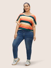 Colored Striped Crew Neck Batwing Sleeve T-shirt