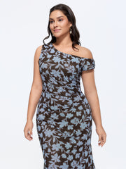 Floral Print Mesh One-Shoulder Midi Dress
