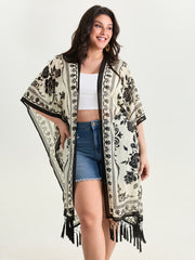 Floral Print Tassel Hem Open-Front Kimono
