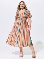 Colorful Striped Print V-Neck Midi Dress