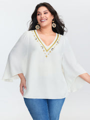 Star Moon Embroidered Neckline Flared Blouse