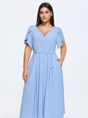 Petal Sleeve Drawstring Waist Plain Maxi Dress