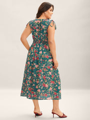 Floral Print Shoulder Tie Pockets Maxi Dress