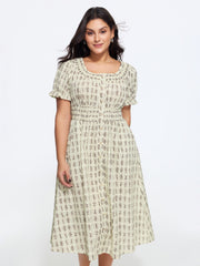 Geometric Print Shirred Waist Midi Dress