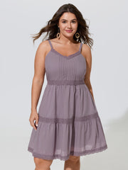Cotton Pleated Lace Neckline Sleeveless Mini Dress