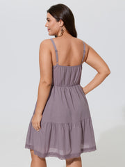 Cotton Pleated Lace Neckline Sleeveless Mini Dress
