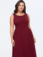 Stretchy Solid Side Ruched Sleeveless Midi Dress