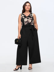 Floral Cowl Neck Waist Tie Wide Leg Jumpsuit