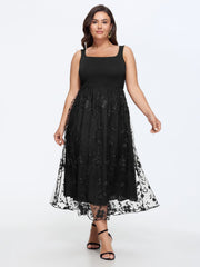 Floral Embroidered Mesh Square Neck Cami Midi Dress
