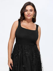 Floral Embroidered Mesh Square Neck Cami Midi Dress